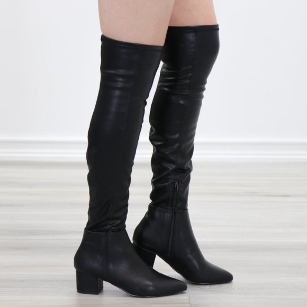 Pointy Toe Over The Knee Black Boots Faux Leather - Picture 12 of 15